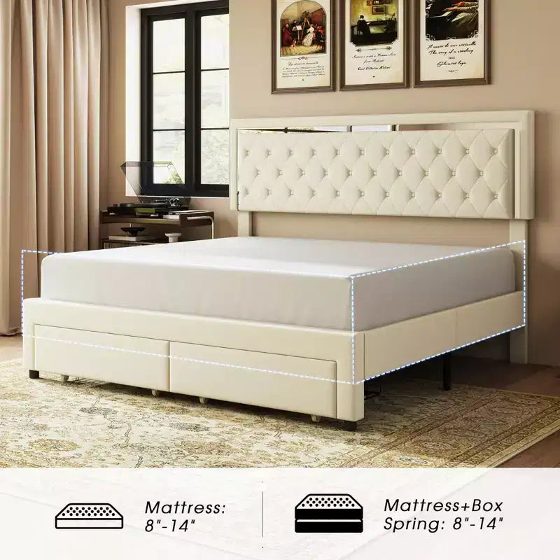 AMERLIFE Bed Frame with LED Lights&Storage Drawers, Velvet Upholstered Platform Bed