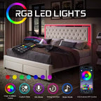 AMERLIFE Bed Frame with LED Lights&Storage Drawers, Velvet Upholstered Platform Bed