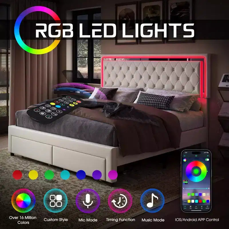 AMERLIFE Bed Frame with LED Lights&Storage Drawers, Velvet Upholstered Platform Bed