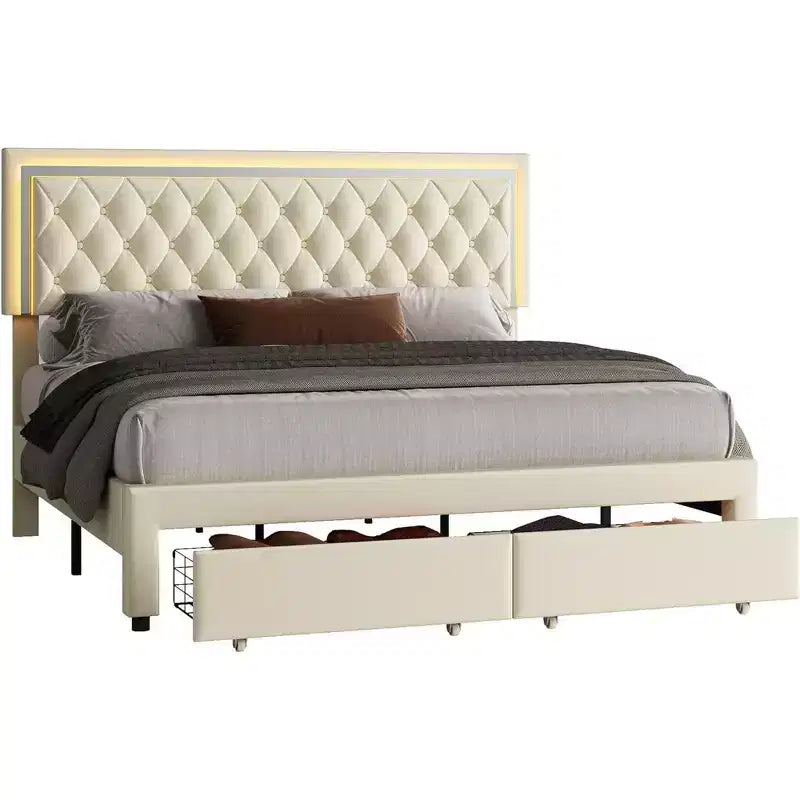AMERLIFE Bed Frame with LED Lights&Storage Drawers, Velvet Upholstered Platform Bed