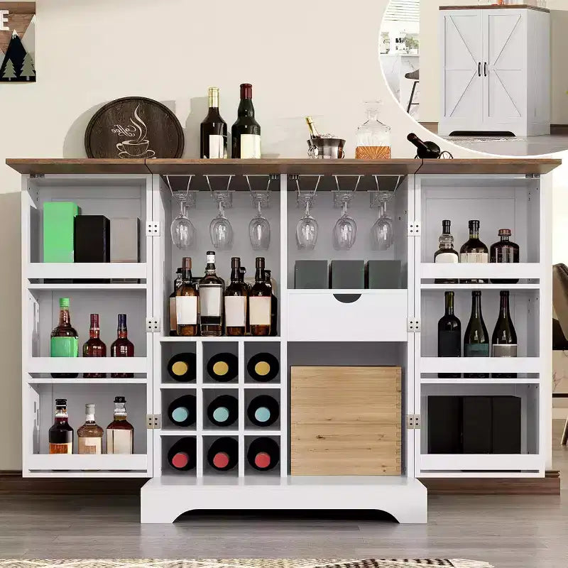 AMERLIFE 61 Farmhouse Bar Cabinet with 9 Wine Racks, Folding Storage Wine Liquor Cabinet, Rustic White