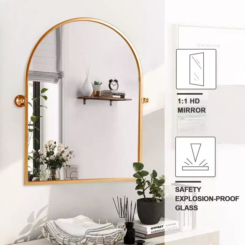 31x24 Arched Bathroom Mirror with Hardware, Iron Rotating Wall Hanging Mirror Wall Mounted Vanity Mirror for Bedroom Living Room Entryway, Gold