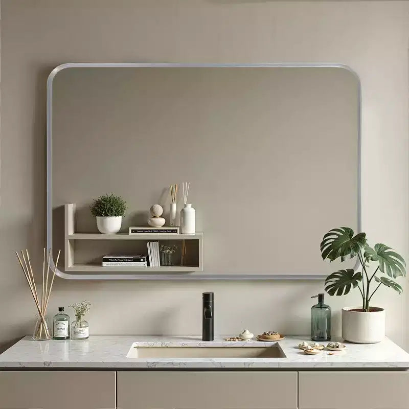 Specchio da bagno rettangolare 50x32 con cornice in lega di alluminio, specchio da parete per camera da letto, soggiorno, ingresso, argento