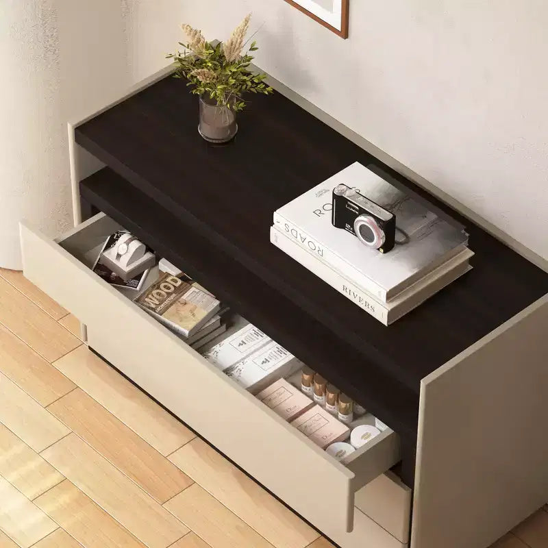 Luck Live Dressers Modern 3 drawer vanity with open shelf, beige