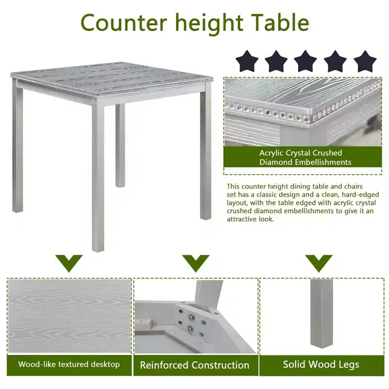 5 Piece Counter Height Table Set with Square Table and 4 Upholstered Chairs, Counter Height Dining Table with Crystal Decoration and Chair Set