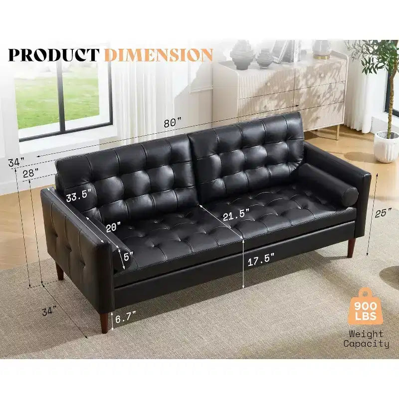 AMERLIFE Mid-Century Modern Genuine Leather Sofa, Comfy Couch for Living Room
