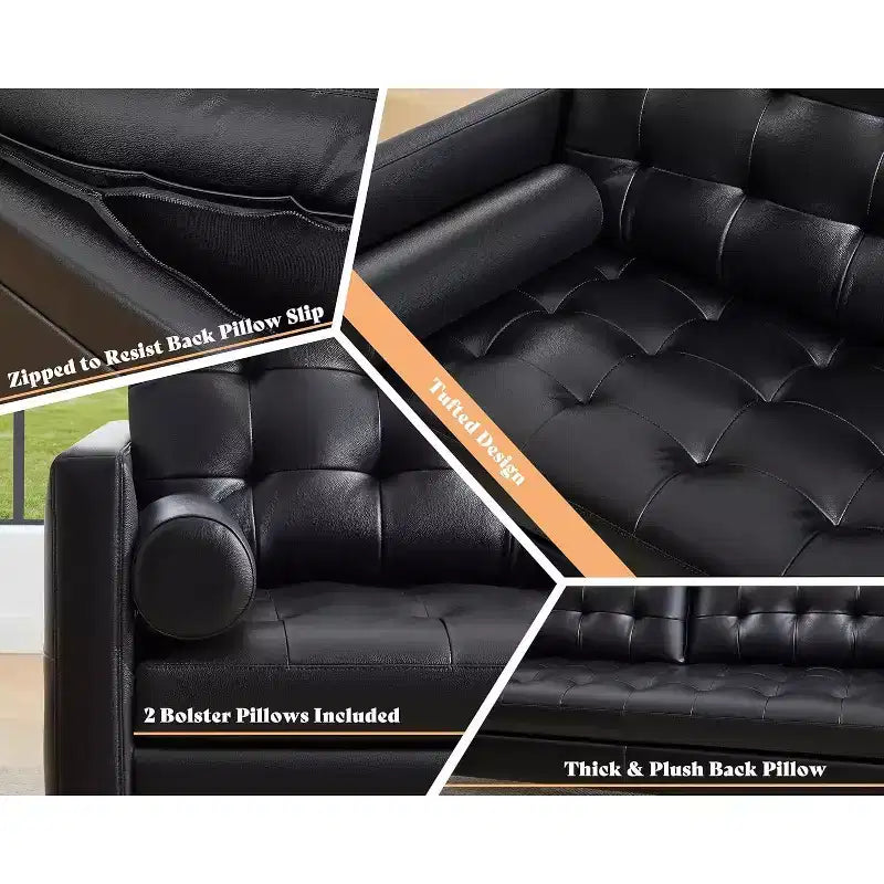 AMERLIFE Mid-Century Modern Genuine Leather Sofa, Comfy Couch for Living Room