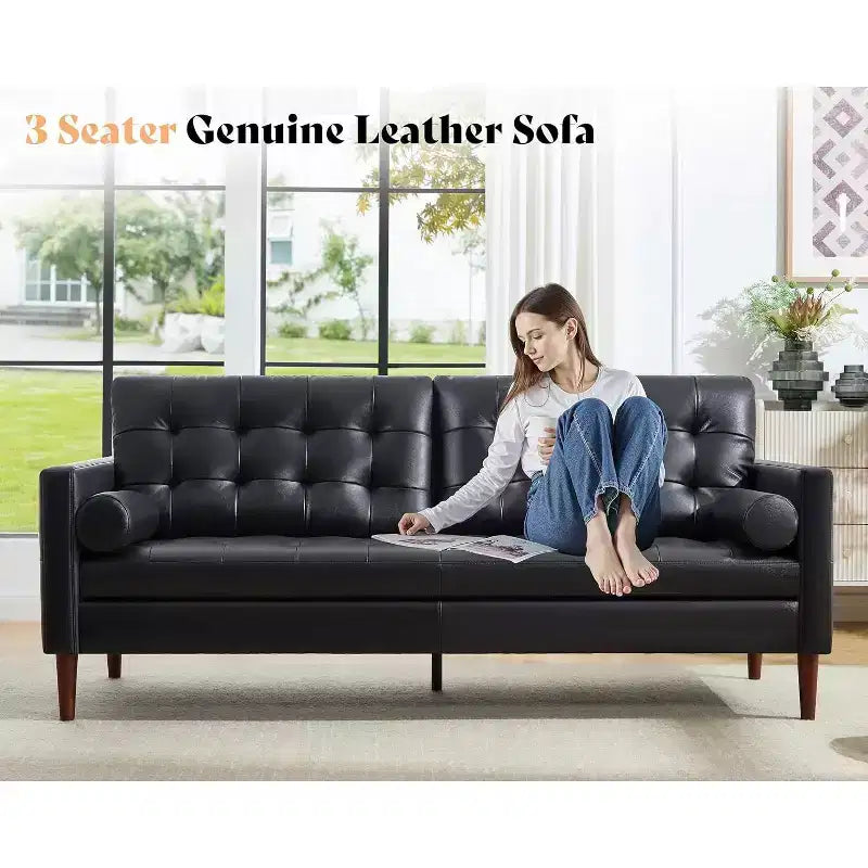 AMERLIFE Mid-Century Modern Genuine Leather Sofa, Comfy Couch for Living Room