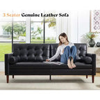 AMERLIFE Mid-Century Modern Genuine Leather Sofa, Comfy Couch for Living Room