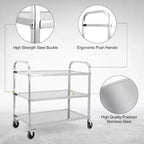 3 Tier Stainless Steel Utility Cart, 330 Lbs Kitchen Trolley with Wheels, Catering Storage Cart