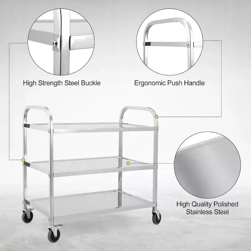 3 Tier Stainless Steel Utility Cart, 330 Lbs Kitchen Trolley with Wheels, Catering Storage Cart