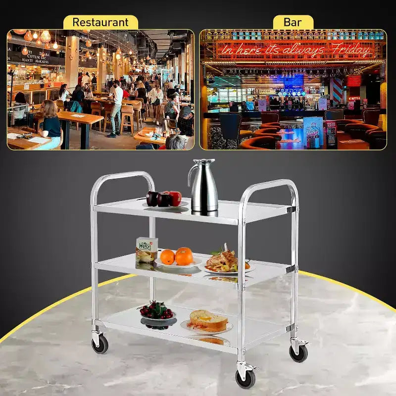 3 Tier Stainless Steel Utility Cart, 330 Lbs Kitchen Trolley with Wheels, Catering Storage Cart