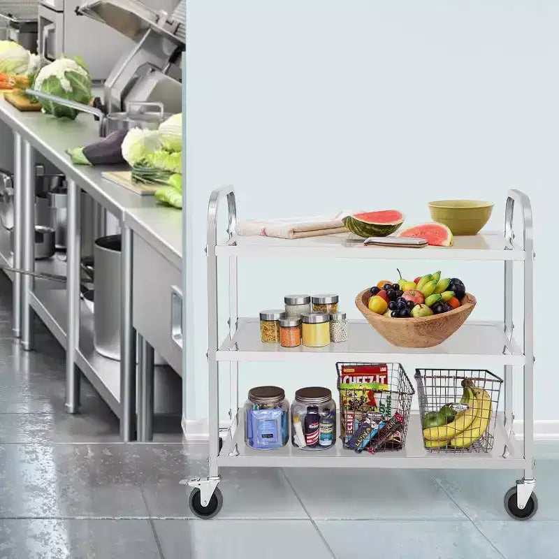 3 Tier Stainless Steel Utility Cart, 330 Lbs Kitchen Trolley with Wheels, Catering Storage Cart