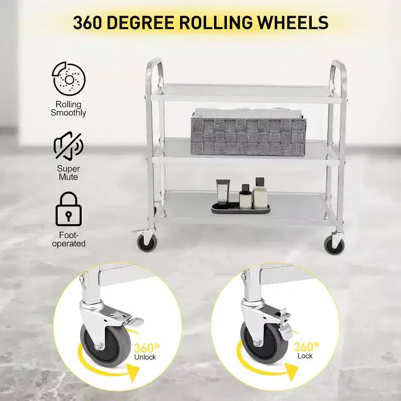3 Tier Stainless Steel Utility Cart, 330 Lbs Kitchen Trolley with Wheels, Catering Storage Cart