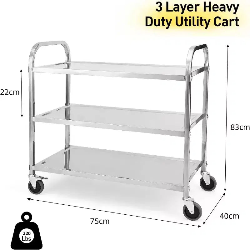 3 Tier Stainless Steel Utility Cart, 330 Lbs Kitchen Trolley with Wheels, Catering Storage Cart