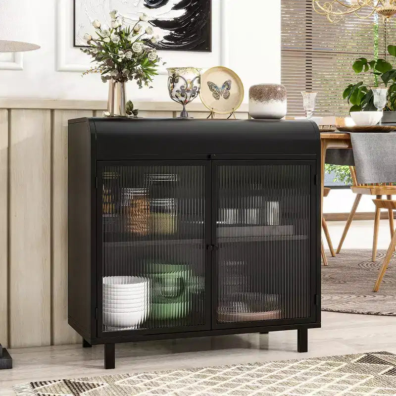 CLIHOME Modern Sideboard Buffet Cabinet with Tempered Figured Glass Doors and Flip Top, Metal Frame Storage Console
