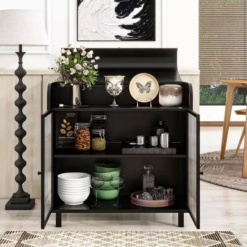 CLIHOME Credenza moderna con ante in vetro figurato temperato e piano a ribalta, consolle portaoggetti con struttura in metallo
