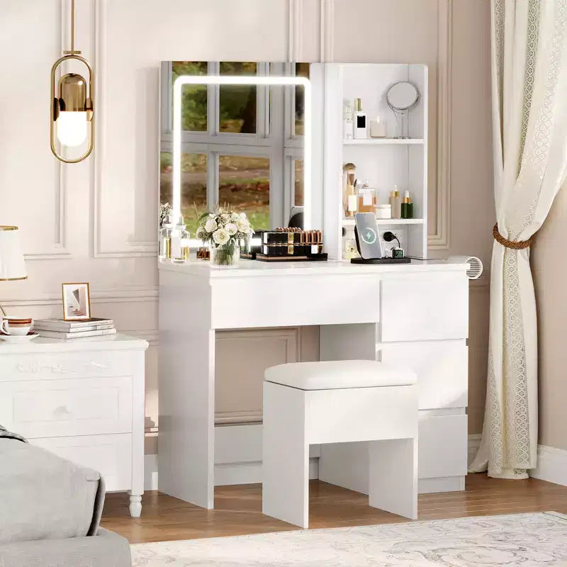 Vanity Desk with LED Mirror - Makeup Vanity Desk with 4 Drawers, Power Outlets, Storage Stool, Storage Shelves, and Hair Dryer Holder