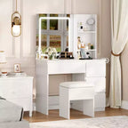 Vanity Desk with LED Mirror - Makeup Vanity Desk with 4 Drawers, Power Outlets, Storage Stool, Storage Shelves, and Hair Dryer Holder