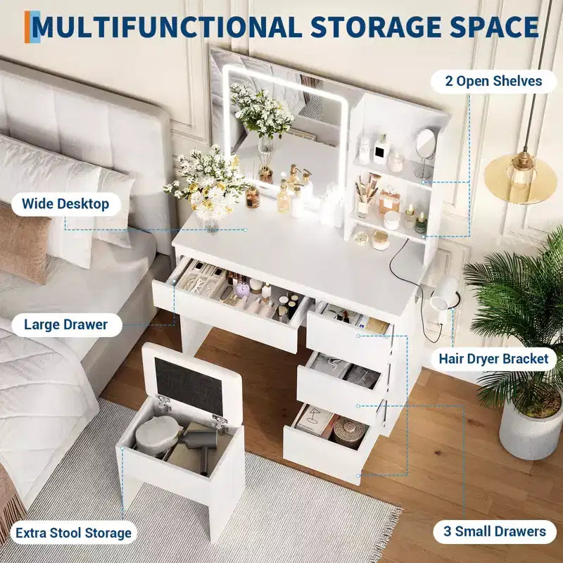 Vanity Desk with LED Mirror - Makeup Vanity Desk with 4 Drawers, Power Outlets, Storage Stool, Storage Shelves, and Hair Dryer Holder