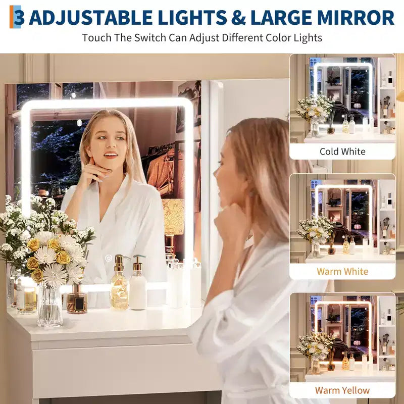 Vanity Desk with LED Mirror - Makeup Vanity Desk with 4 Drawers, Power Outlets, Storage Stool, Storage Shelves, and Hair Dryer Holder