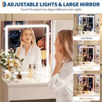 Vanity Desk with LED Mirror - Makeup Vanity Desk with 4 Drawers, Power Outlets, Storage Stool, Storage Shelves, and Hair Dryer Holder