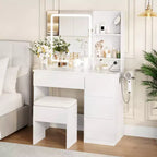 Vanity Desk with LED Mirror - Makeup Vanity Desk with 4 Drawers, Power Outlets, Storage Stool, Storage Shelves, and Hair Dryer Holder