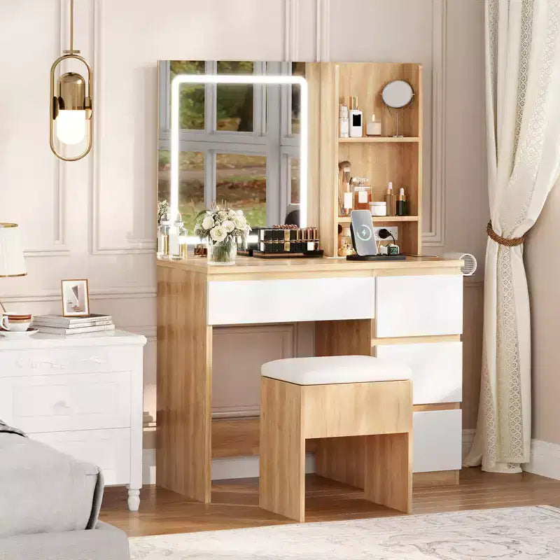 Vanity Desk with LED Mirror - Makeup Vanity Desk with 4 Drawers, Power Outlets, Storage Stool, Storage Shelves, and Hair Dryer Holder
