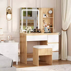 Vanity Desk with LED Mirror - Makeup Vanity Desk with 4 Drawers, Power Outlets, Storage Stool, Storage Shelves, and Hair Dryer Holder
