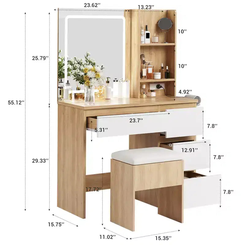 Vanity Desk with LED Mirror - Makeup Vanity Desk with 4 Drawers, Power Outlets, Storage Stool, Storage Shelves, and Hair Dryer Holder