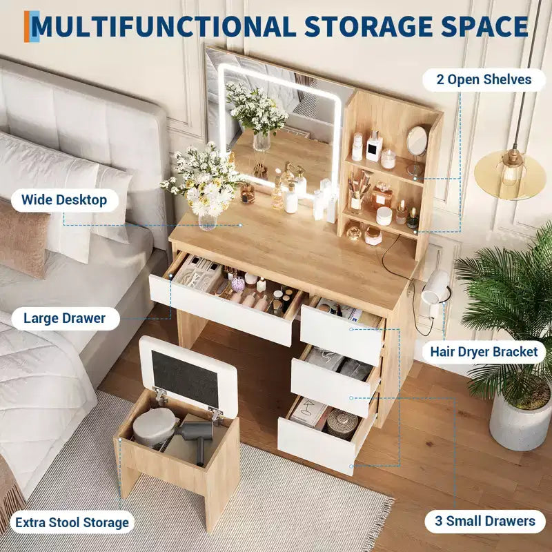 Vanity Desk with LED Mirror - Makeup Vanity Desk with 4 Drawers, Power Outlets, Storage Stool, Storage Shelves, and Hair Dryer Holder