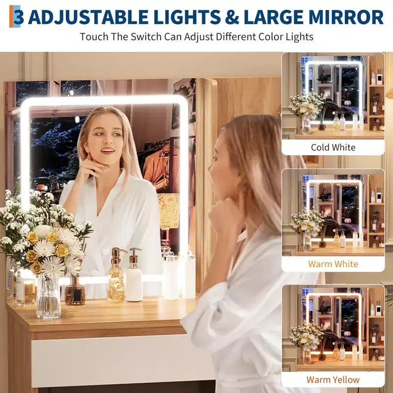 Vanity Desk with LED Mirror - Makeup Vanity Desk with 4 Drawers, Power Outlets, Storage Stool, Storage Shelves, and Hair Dryer Holder