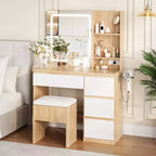 Vanity Desk with LED Mirror - Makeup Vanity Desk with 4 Drawers, Power Outlets, Storage Stool, Storage Shelves, and Hair Dryer Holder