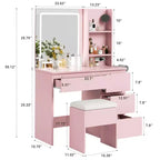 Vanity Desk with LED Mirror - Makeup Vanity Desk with 4 Drawers, Power Outlets, Storage Stool, Storage Shelves, and Hair Dryer Holder