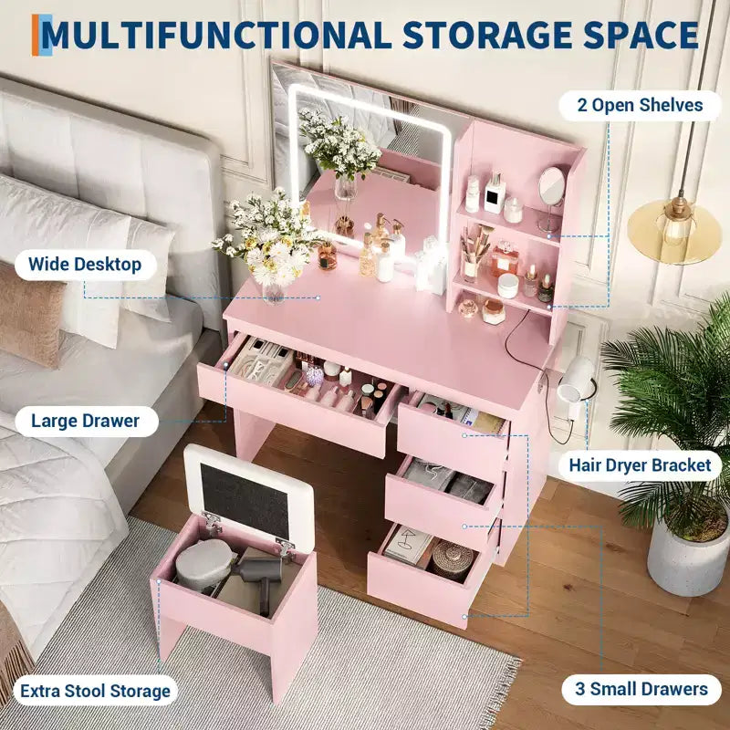 Vanity Desk with LED Mirror - Makeup Vanity Desk with 4 Drawers, Power Outlets, Storage Stool, Storage Shelves, and Hair Dryer Holder