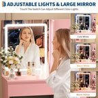 Vanity Desk with LED Mirror - Makeup Vanity Desk with 4 Drawers, Power Outlets, Storage Stool, Storage Shelves, and Hair Dryer Holder