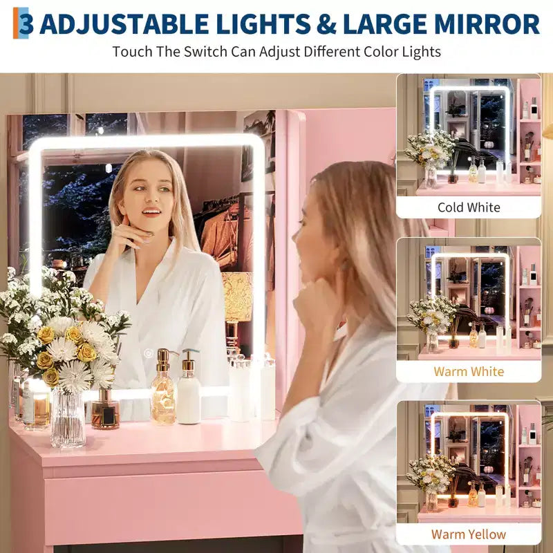 Vanity Desk with LED Mirror - Makeup Vanity Desk with 4 Drawers, Power Outlets, Storage Stool, Storage Shelves, and Hair Dryer Holder