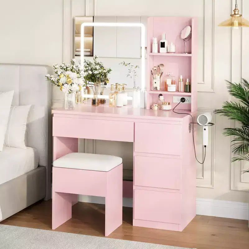 Vanity Desk with LED Mirror - Makeup Vanity Desk with 4 Drawers, Power Outlets, Storage Stool, Storage Shelves, and Hair Dryer Holder