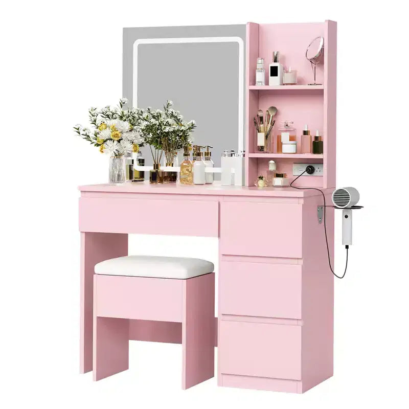 Vanity Desk with LED Mirror - Makeup Vanity Desk with 4 Drawers, Power Outlets, Storage Stool, Storage Shelves, and Hair Dryer Holder