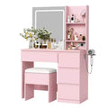 Vanity Desk with LED Mirror - Makeup Vanity Desk with 4 Drawers, Power Outlets, Storage Stool, Storage Shelves, and Hair Dryer Holder