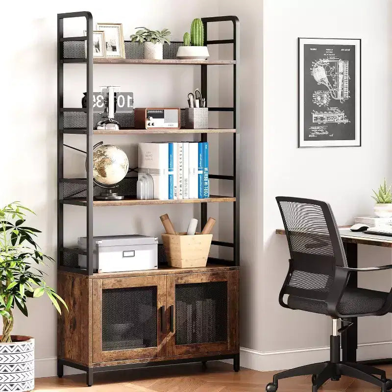 Libreria Industriale con Armadietto, Scaffale Aperto a 4 Ripiani, Mensola Espositiva, Alta 180 cm, Per Camera da Letto, Soggiorno, Ufficio, Marrone
