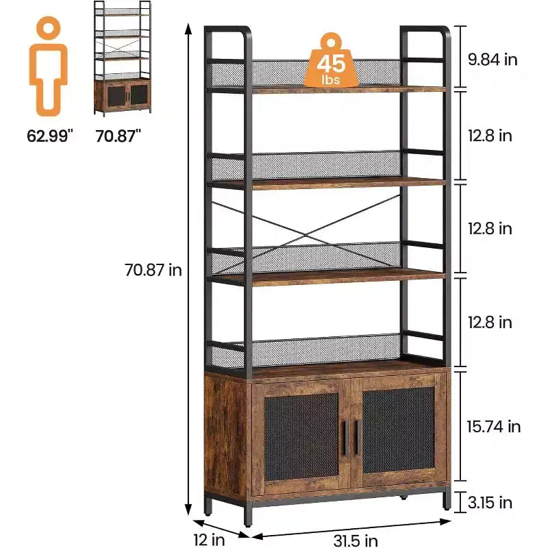 Libreria Industriale con Armadietto, Scaffale Aperto a 4 Ripiani, Mensola Espositiva, Alta 180 cm, Per Camera da Letto, Soggiorno, Ufficio, Marrone