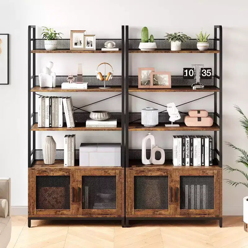 Libreria Industriale con Armadietto, Scaffale Aperto a 4 Ripiani, Mensola Espositiva, Alta 180 cm, Per Camera da Letto, Soggiorno, Ufficio, Marrone