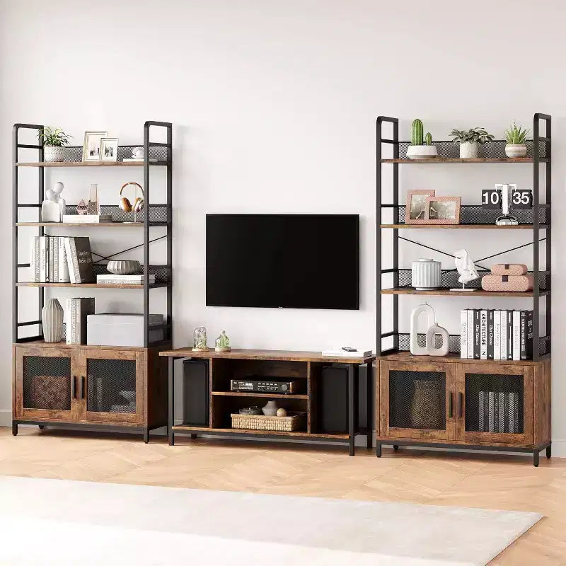 Libreria Industriale con Armadietto, Scaffale Aperto a 4 Ripiani, Mensola Espositiva, Alta 180 cm, Per Camera da Letto, Soggiorno, Ufficio, Marrone