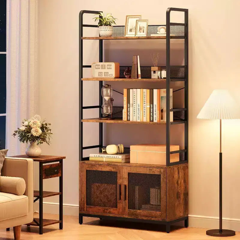 Libreria Industriale con Armadietto, Scaffale Aperto a 4 Ripiani, Mensola Espositiva, Alta 180 cm, Per Camera da Letto, Soggiorno, Ufficio, Marrone