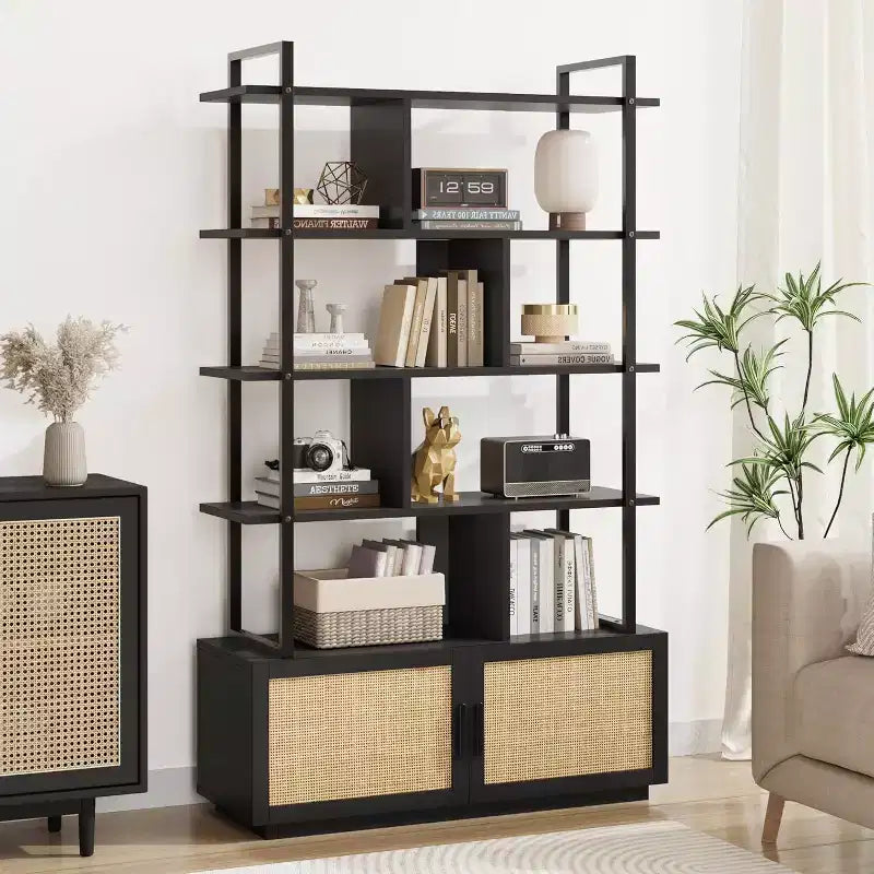 Libreria Industriale con Armadietto, Scaffale Aperto a 4 Ripiani, Mensola Espositiva, Alta 180 cm, Per Camera da Letto, Soggiorno, Ufficio, Marrone