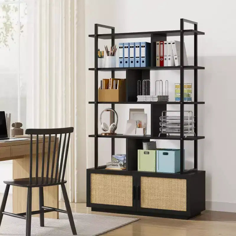 Libreria Industriale con Armadietto, Scaffale Aperto a 4 Ripiani, Mensola Espositiva, Alta 180 cm, Per Camera da Letto, Soggiorno, Ufficio, Marrone