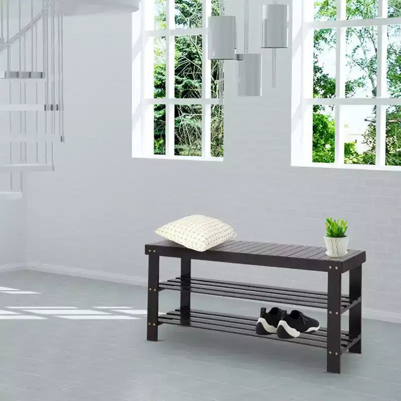 Karl Home 3-Tier Coffee Bamboo 35.43in. W Shoe Rack Shoe Storage Bench