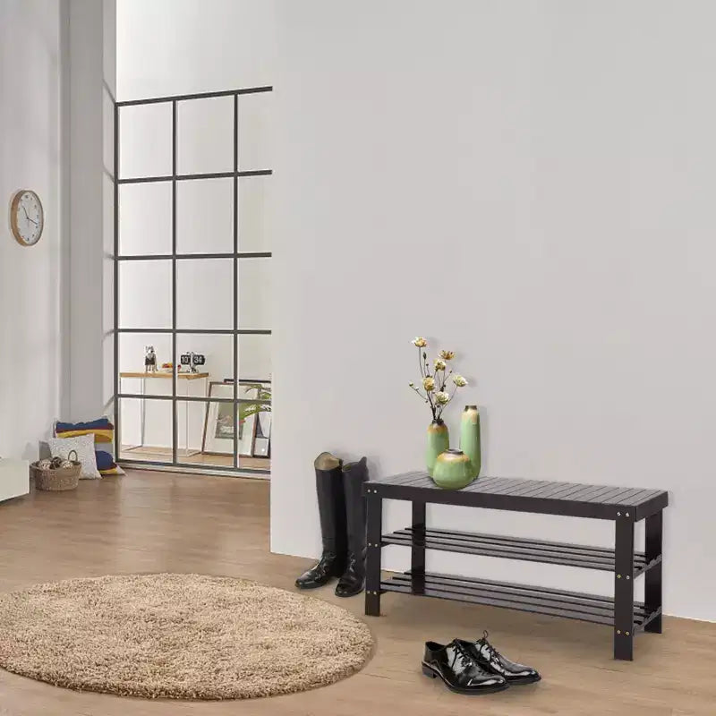 Karl Home 3-Tier Coffee Bamboo 35.43in. W Shoe Rack Shoe Storage Bench