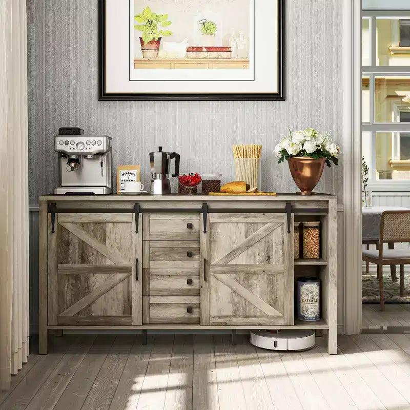 HOMCOM Credenza a buffet in stile rustico da 150 cm con piano spesso, mobile bar da caffè con ante scorrevoli a granaio, cassetti, ripiani regolabili
